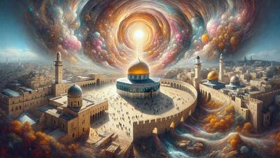 The primary subject of the image is a large mosque with a dome, surrounded by a crowd of people. The setting is an outdoor area with a sky visible in the background. The visual style is a painting, which creates a vibrant and lively atmosphere. The colors and mood of the image are predominantly warm and inviting, with the crowd of people adding a sense of community and spirituality to the scene.